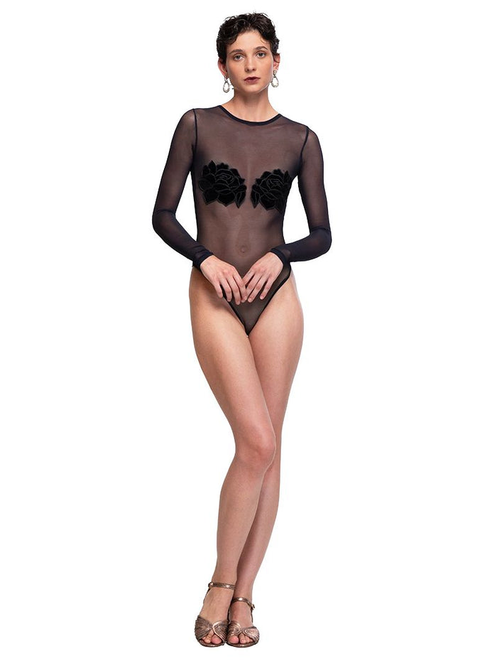 Rose Bodysuit - Elegant Black with Hand-Embroidered Roses