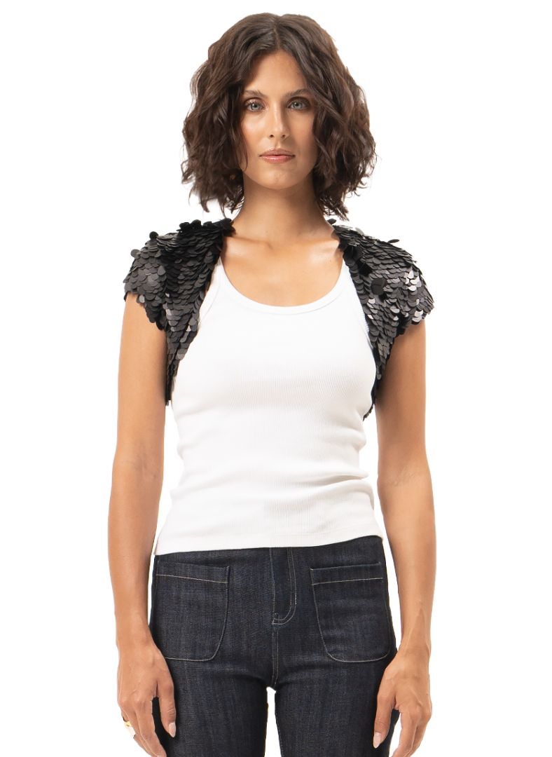 Armour sequin vest in black styled with rib tank and Janis jeans, front close view - worn by model