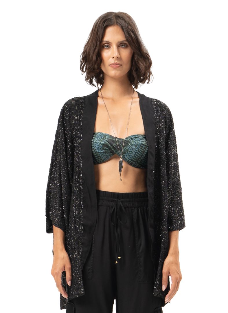 Geisha black hand-beaded outer kimono styled with Apollo snake green bikini and black Cargo pants, front close view - worn by model