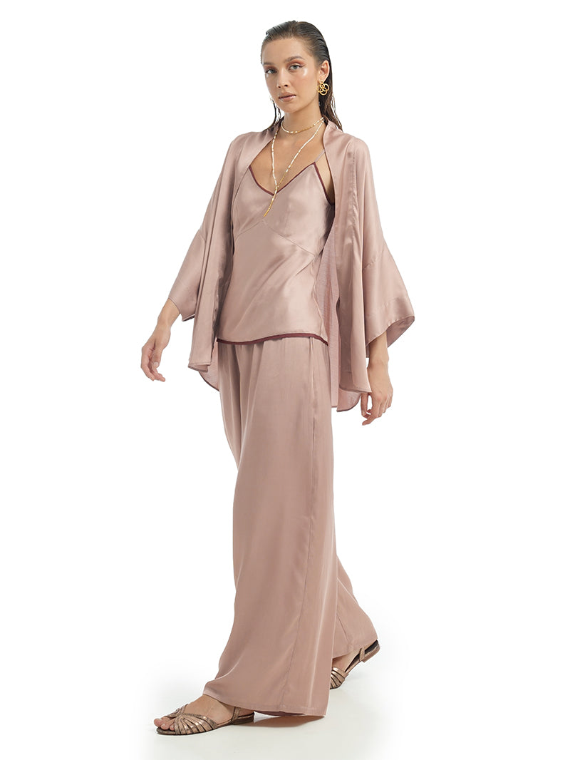 Isyana Kimono in Wood Rose color styled with Melody Top in Wood Rose, and Lisa Pants in Wood Rose, front view - worn by model
