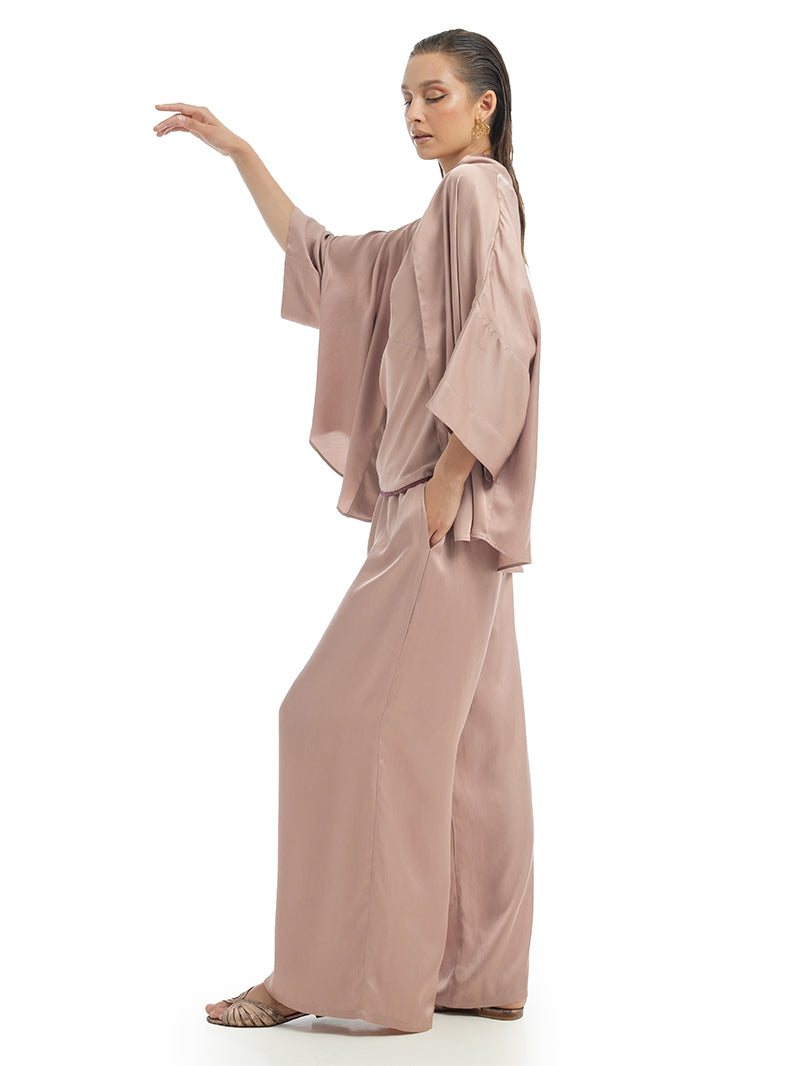 Isyana Kimono in Wood Rose color styled with Melody Top in Wood Rose, and Lisa Pants in Wood Rose, side view - worn by model