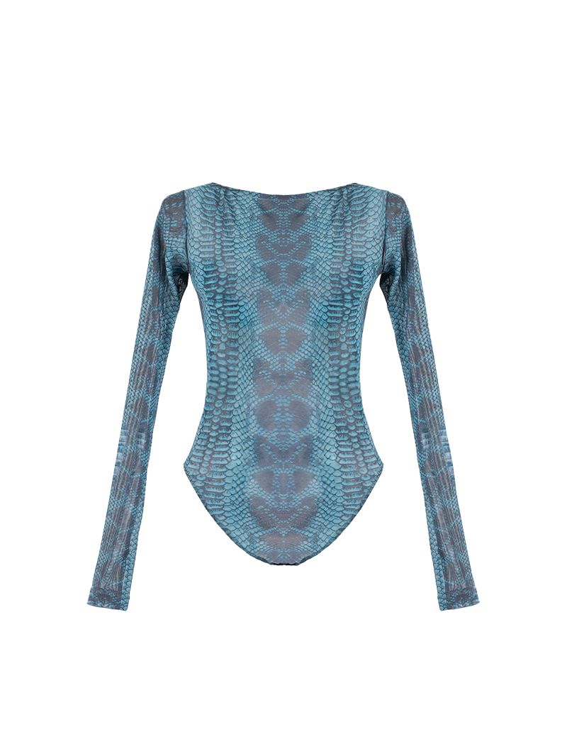 Boga Bodysuit in Snake Blue Print - Ghost Back View