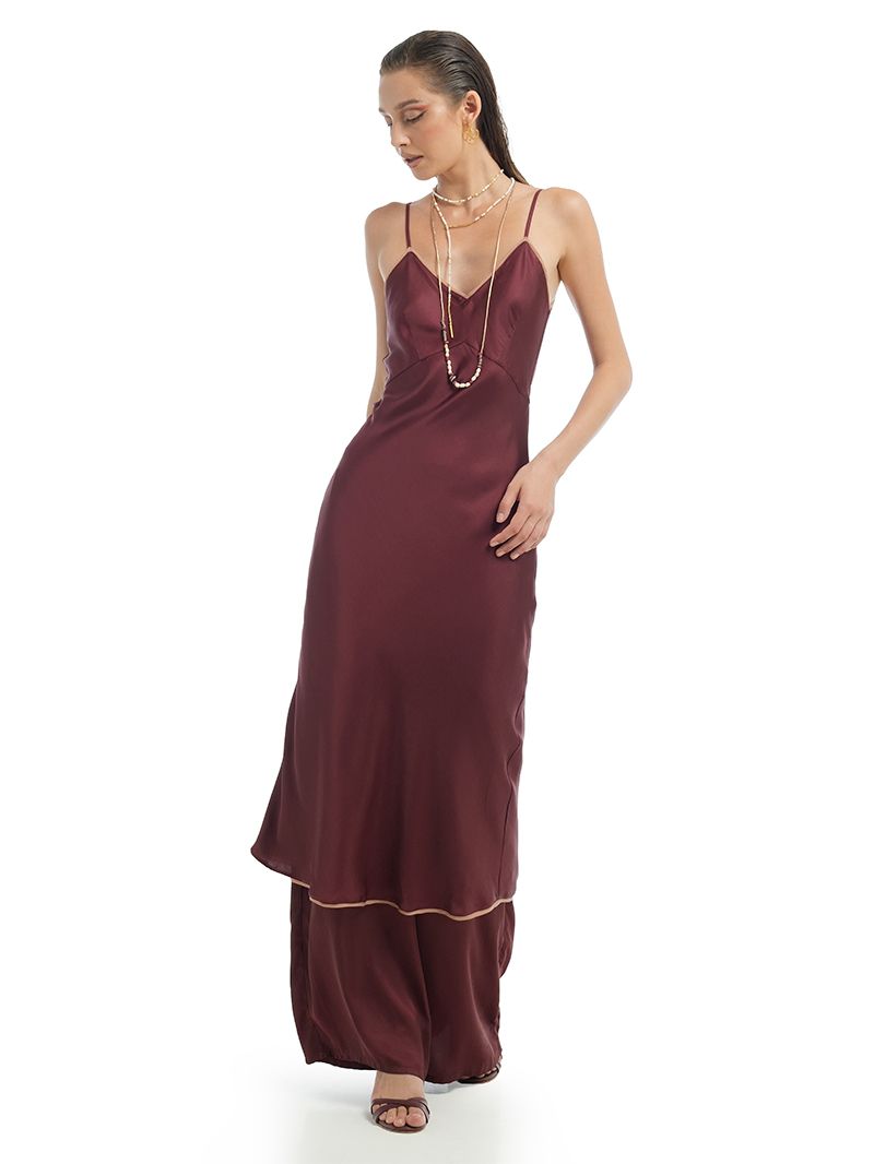 Melody Slip Midi Dress in Wine color styled with Lisa Pants also in Wine color, front view - worn by model