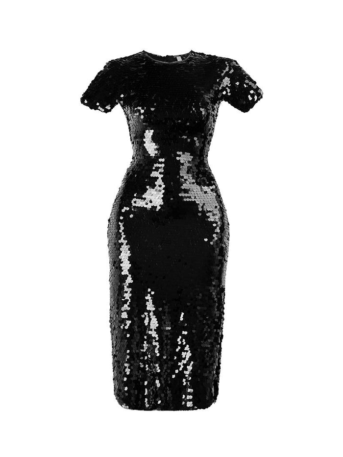 Venus Midi Dress - Elegant Black with Black Sequins