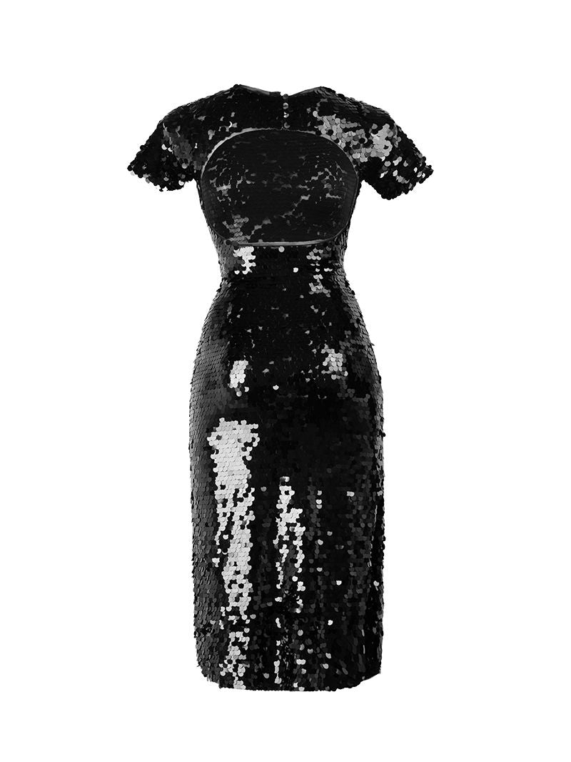 Venus Midi Dress - Elegant Black with Black Sequins