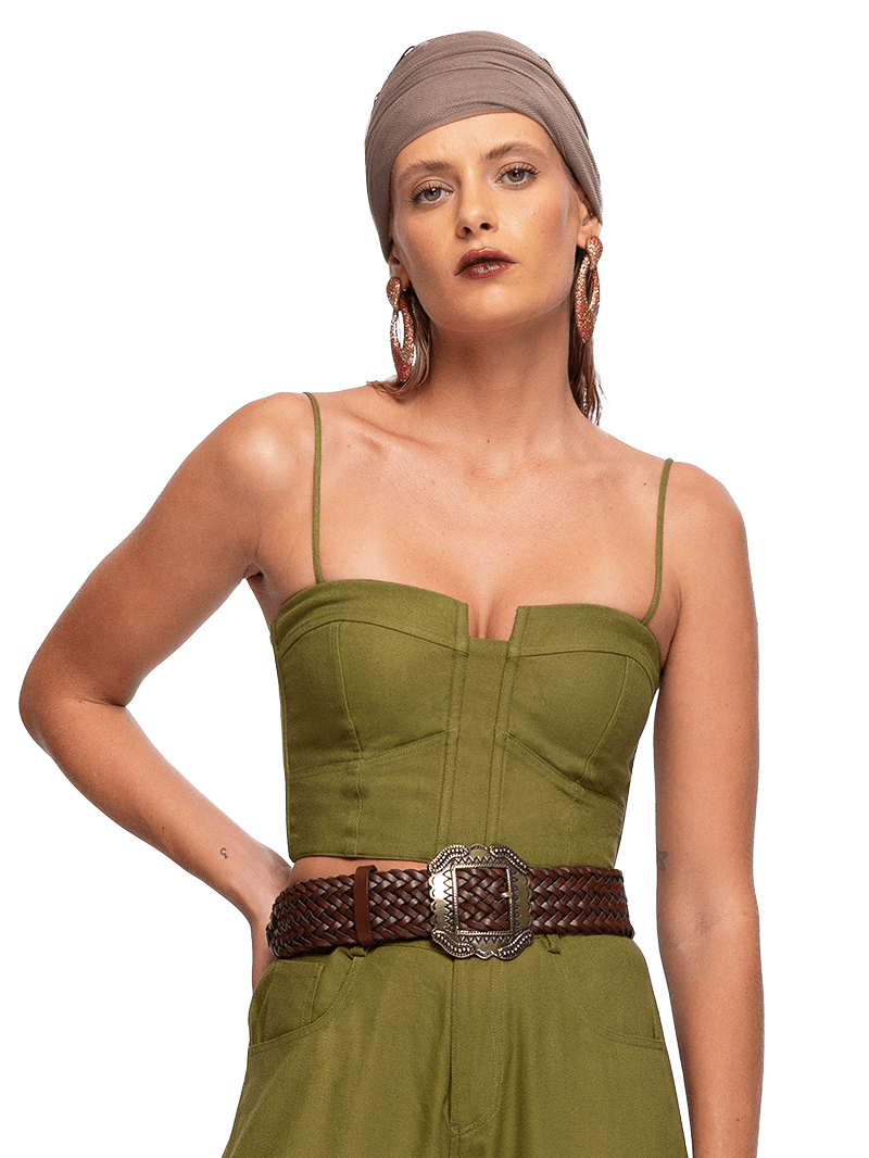 Dani Bustier Top in Matcha color, front close view - worn by model