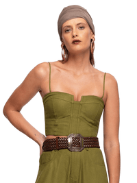 Dani Bustier Top in Matcha color, front close view - worn by model