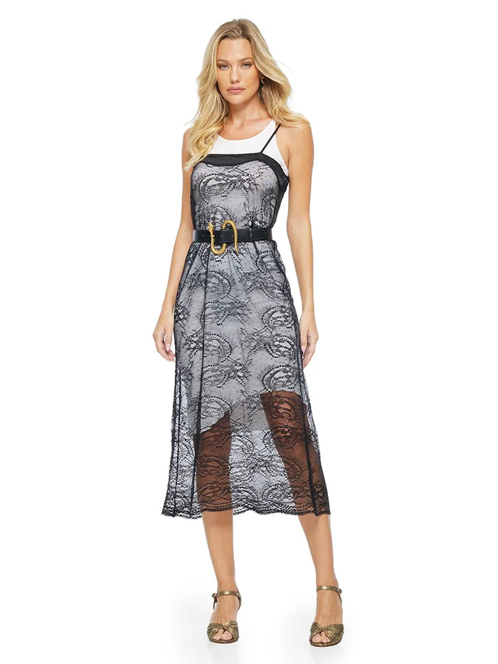 Fama Midi Dress in white, styled with Flora Lace Midi Dress in black, Snake  belt and Margot flats, front view - worn by model