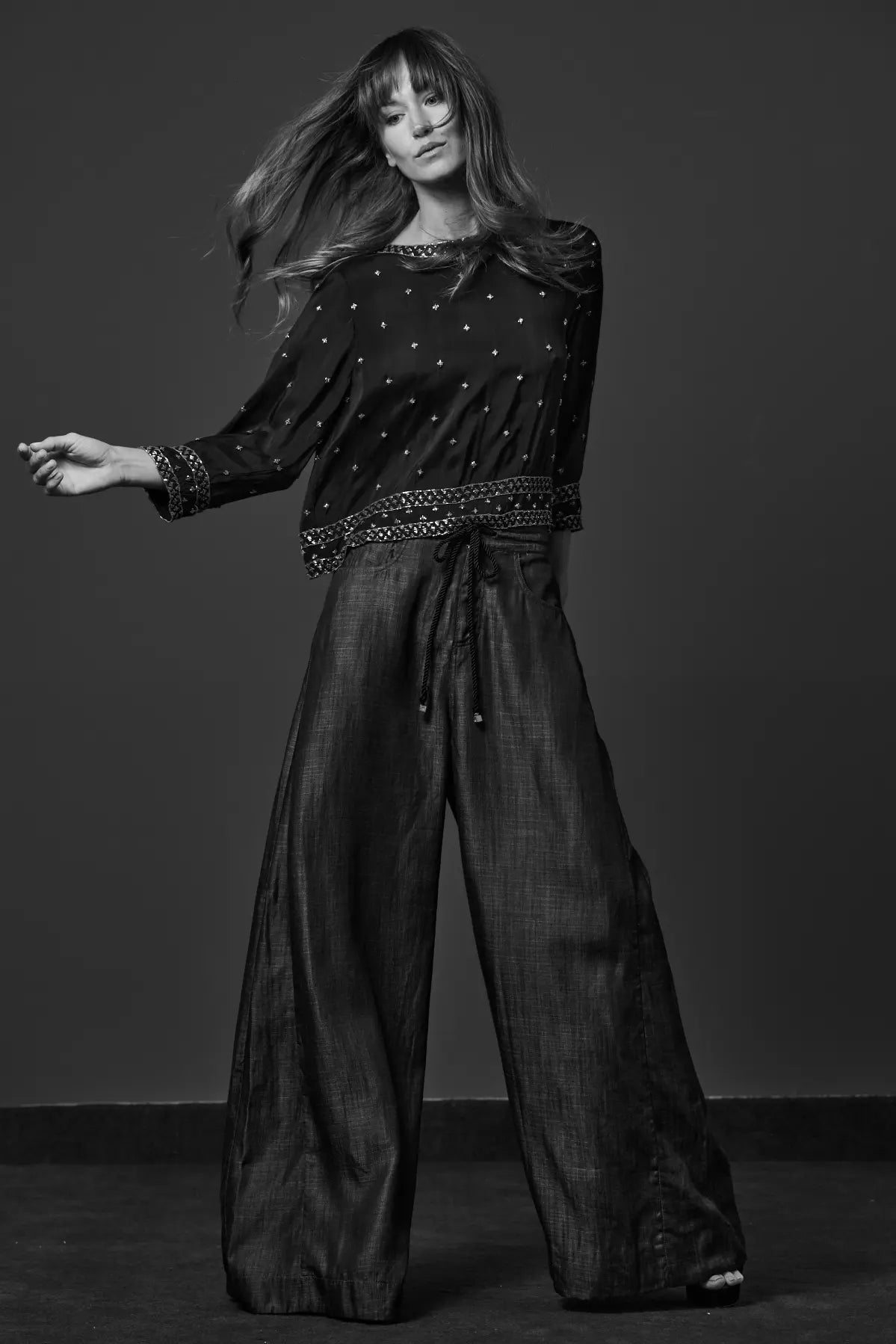 Hera Pants styled with Giselle top and Margot heels, front view - worn by model