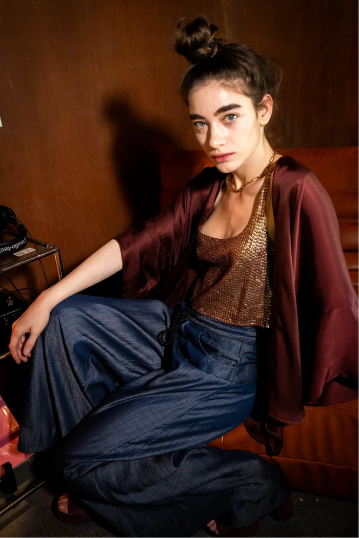Isyana Kimono in Wine color styled with Hora Beaded mini top and Hera pants, front view - worn by model