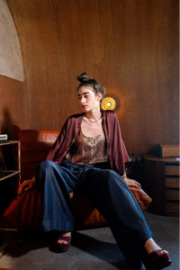 Hora Beaded Mini Top in Wine styled with Hera Pants, Isyana Kimono, and Betty Heels – worn by model