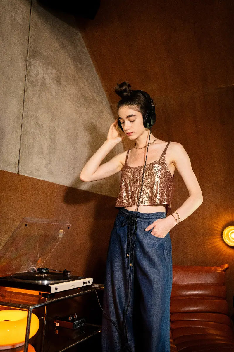 Hora Beaded Mini Top in Wine styled with Hera Pants – worn by model