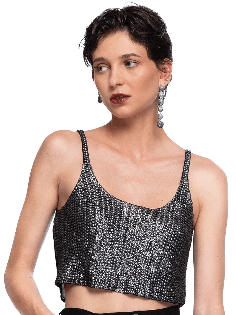 Hornet Beaded Top Black, front close view - worn by model