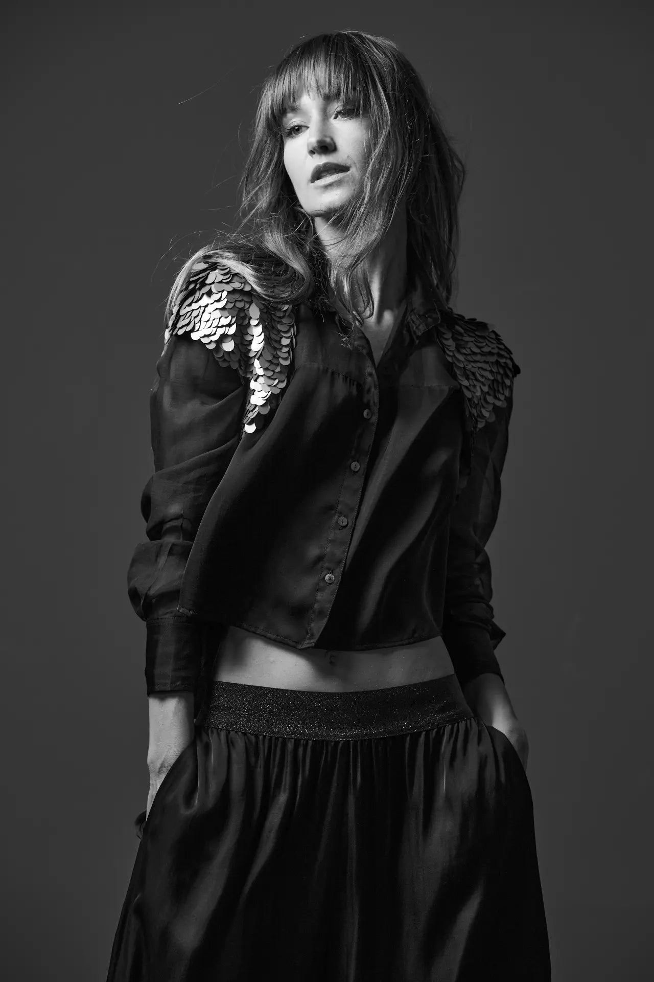 Armour sequin vest in taupe styled with Josie top and Nova pants, front close view - worn by model