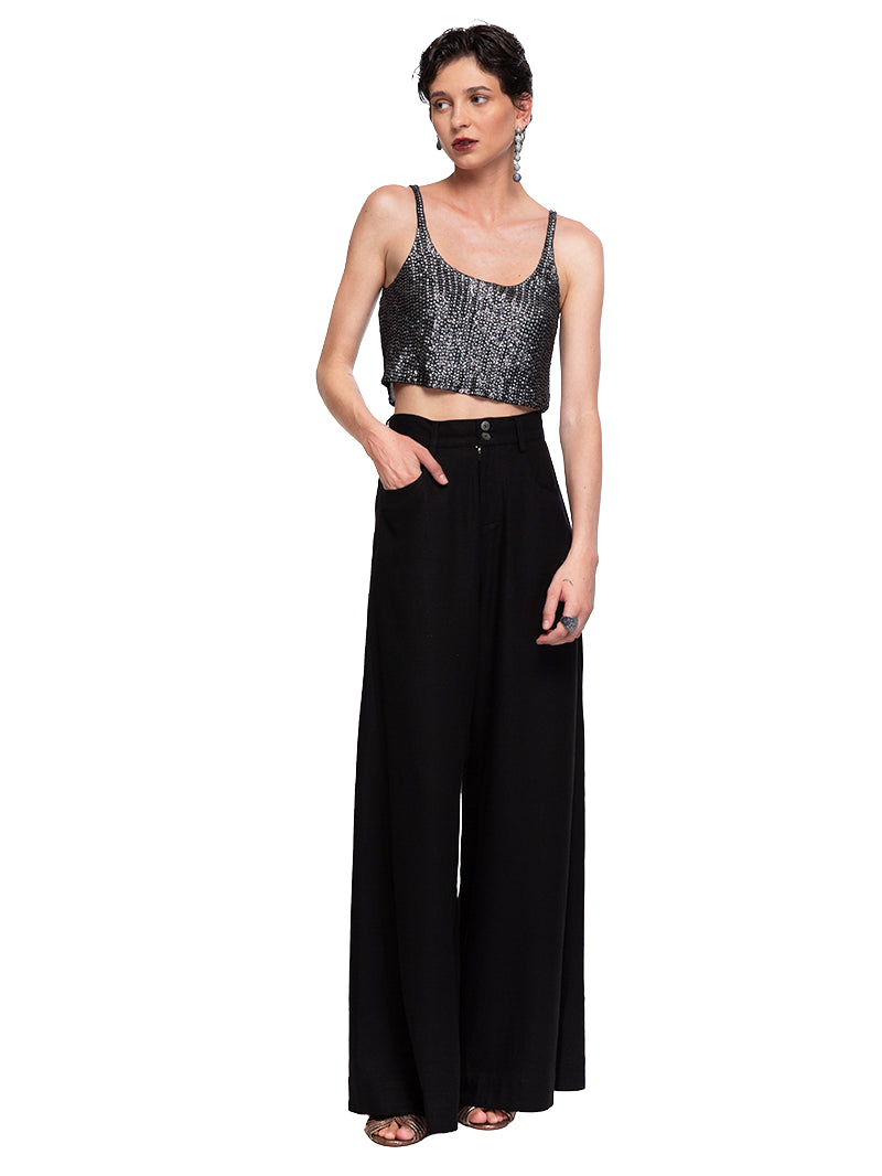 Hornet Beaded Top Black styled with Rua pants and Margot heels, front  view - worn by model
