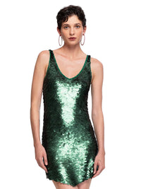 Prague sequin mini dress in botanic green, front close view - worn by model