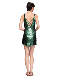 Prague sequin mini dress in botanic green styled with Margot flats, back view - worn by model