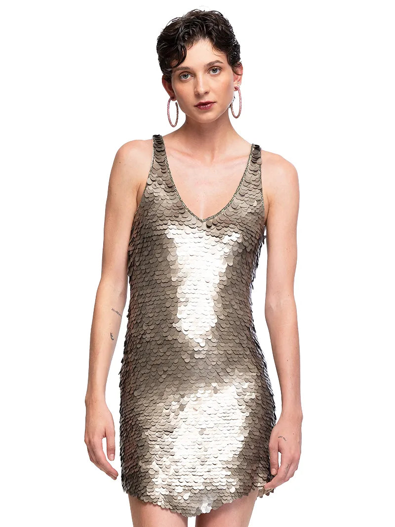 Prague sequin mini dress in taupe styled, front close view - worn by model