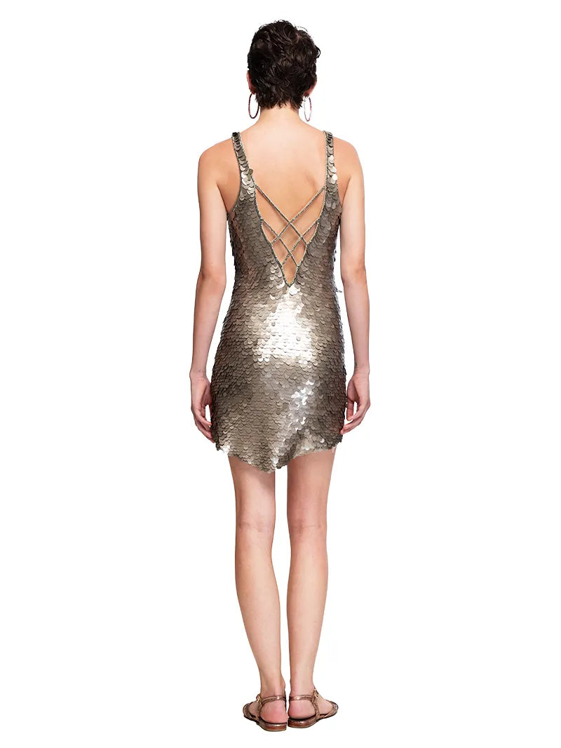 Prague sequin mini dress in taupe styled with Margot flats, back view - worn by model