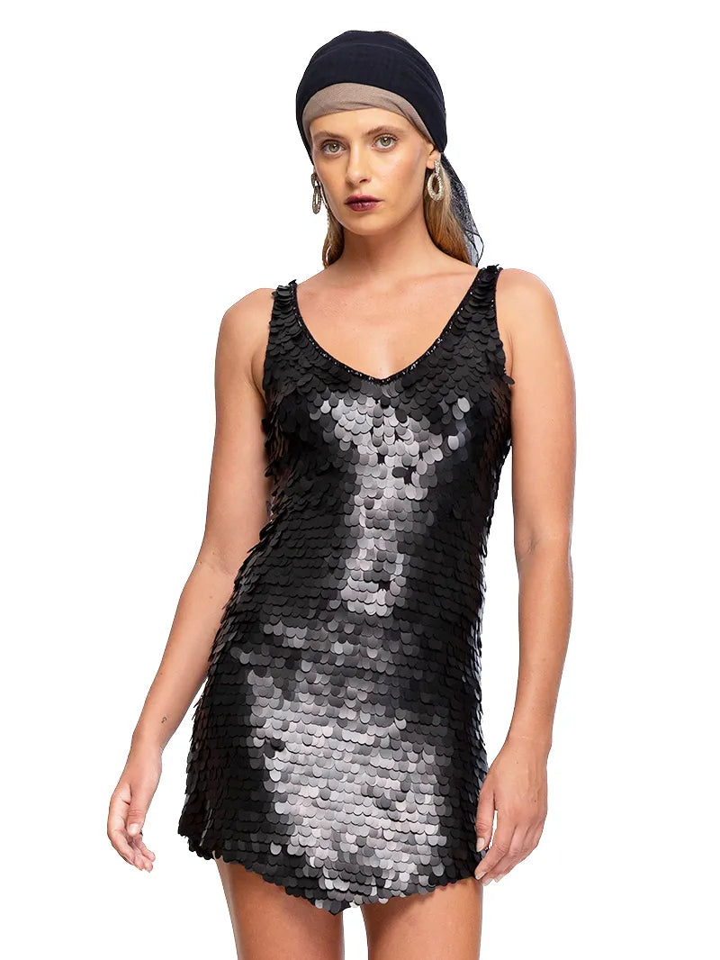 Prague sequin mini dress in black, front close view - worn by model