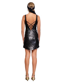Prague sequin mini dress in black styled with Margot heels, back view - worn by model