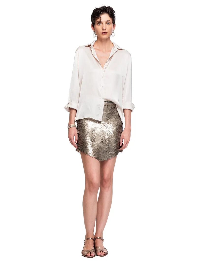Prague sequin mini skirt in taupe styled with silk shirt and Margot flats, front view - worn by model