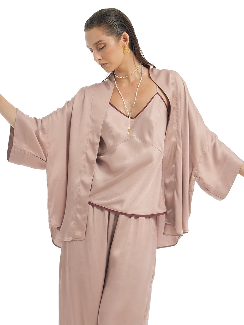 Isyana Kimono in Wood Rose color styled with Melody Top in Wood Rose, and Lisa Pants in Wood Rose, front view - worn by model