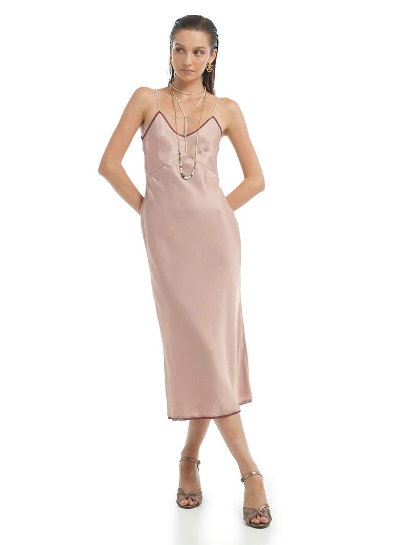 Melody Slip Dress in Wood Rose, styled with Margot Heels, front view - worn by model