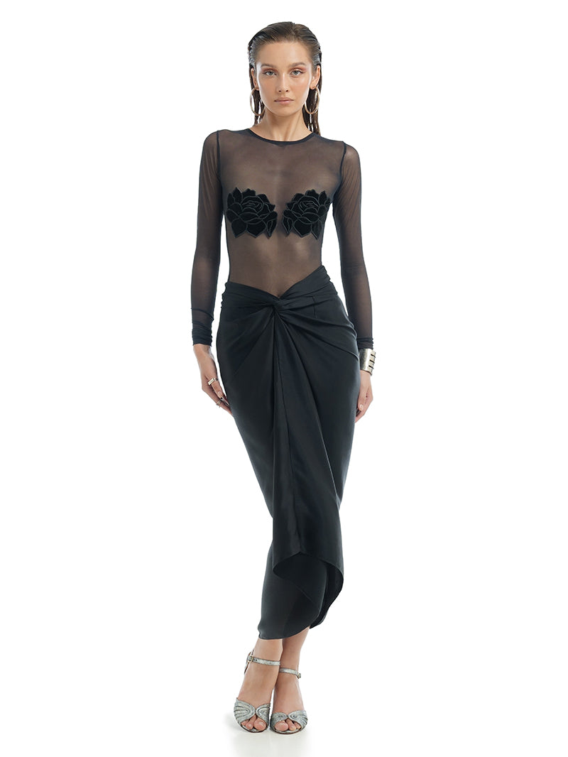 Shakti Midi Skirt in black styled with Rose Mesh Bodysuit and Margot heels, front view - worn by model