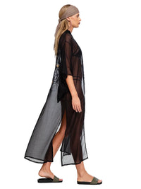 Adri Tiger kimono in black styled with Dega bikini and Flavia slides, side view - worn by model