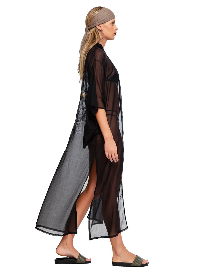 Adri Tiger kimono in black styled with Dega bikini and Flavia slides, side view - worn by model