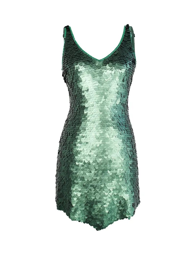 Prague sequin mini dress in botanic green - ghost front view