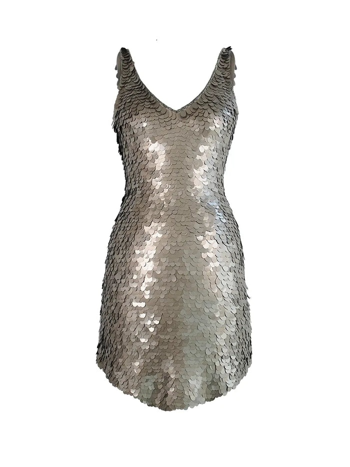 Prague sequin mini dress in taupe - ghost front view