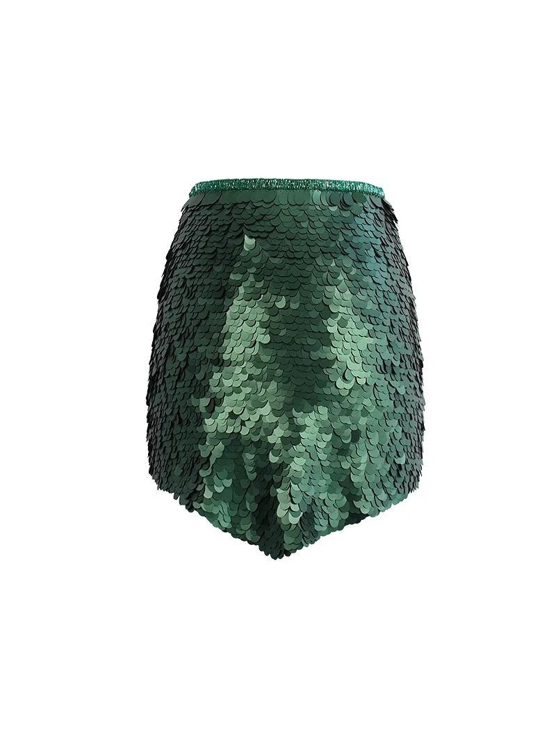 Prague sequin mini skirt in botanic green - ghost front view