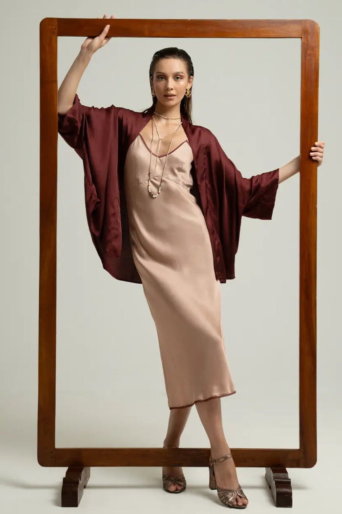 Melody Slip Dress in Wood Rose, styled with Isyana Kimono in Wine color, and Margot Heels, front view - worn by model