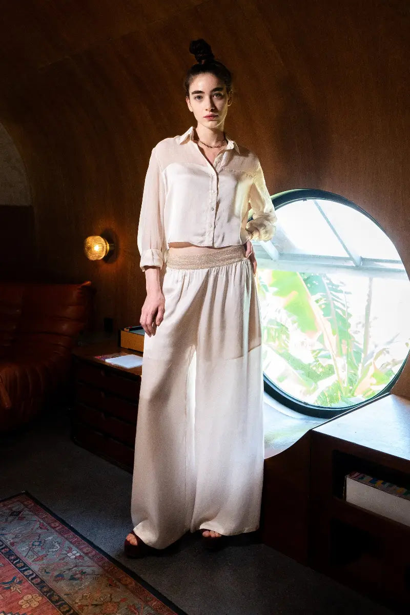 Nova Pants Vanilla styled with Josie Top - worn by model