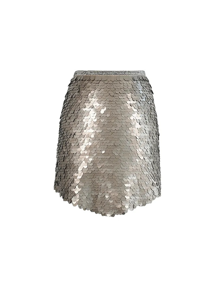 Prague sequin mini skirt in taupe - ghost front view