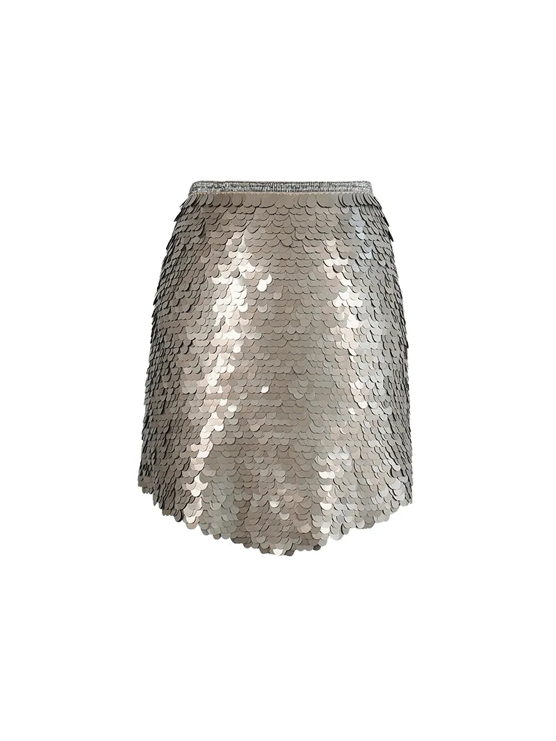 Prague sequin mini skirt in taupe - ghost front view