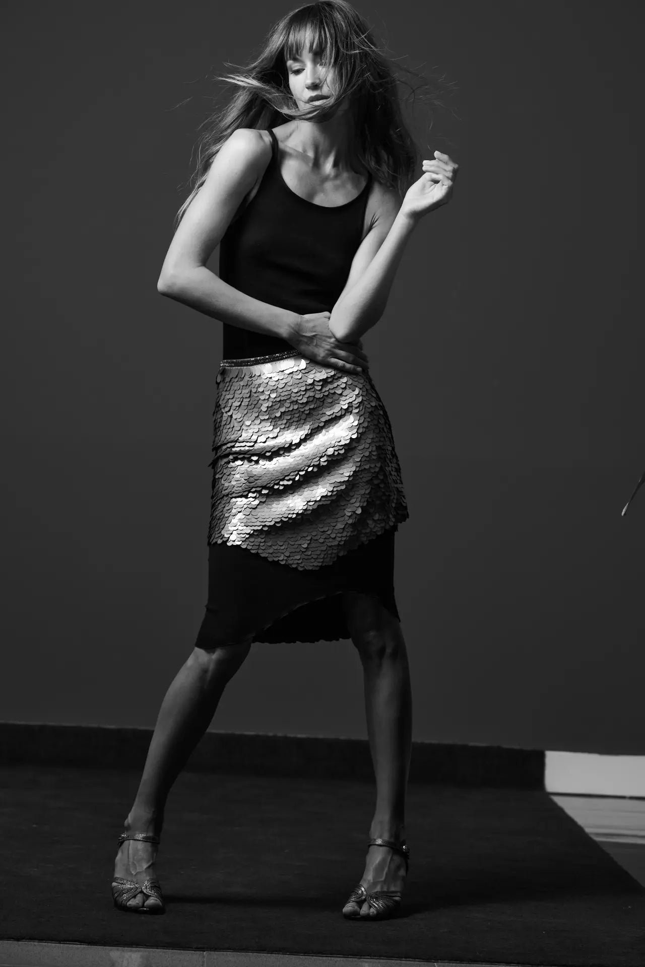 Prague sequin mini skirt in taupe styled with Freya dress and Margot heels, front view - worn by model
