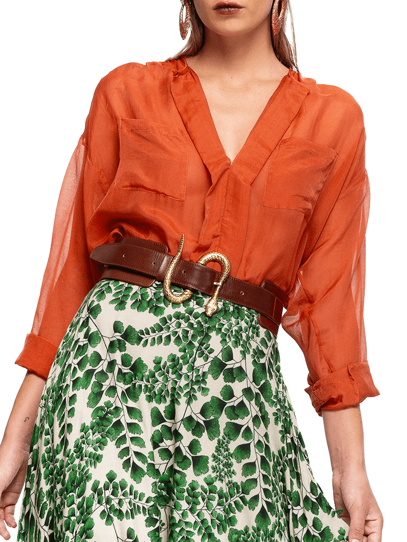 Snake leather brown belt, front view - worn by model