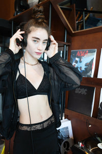 Alegra beaded black bra styled with Sheer bomber jacket, front view - worn by model