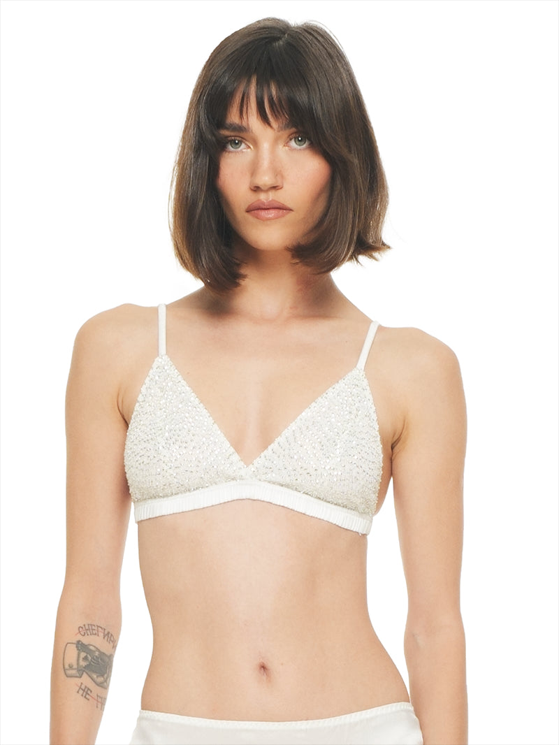 Alegra beaded bra in natural, front view - worn by model