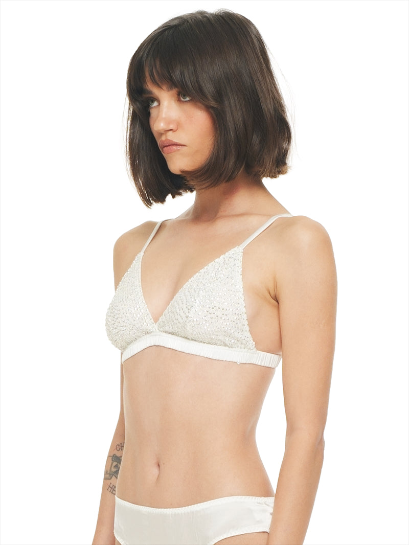 Alegra beaded bra in natural, quarter front view - worn by model