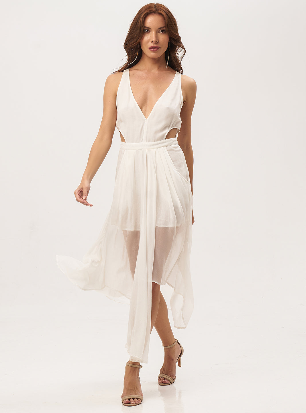Annabelle midi dress in natural color, front view - worn by model