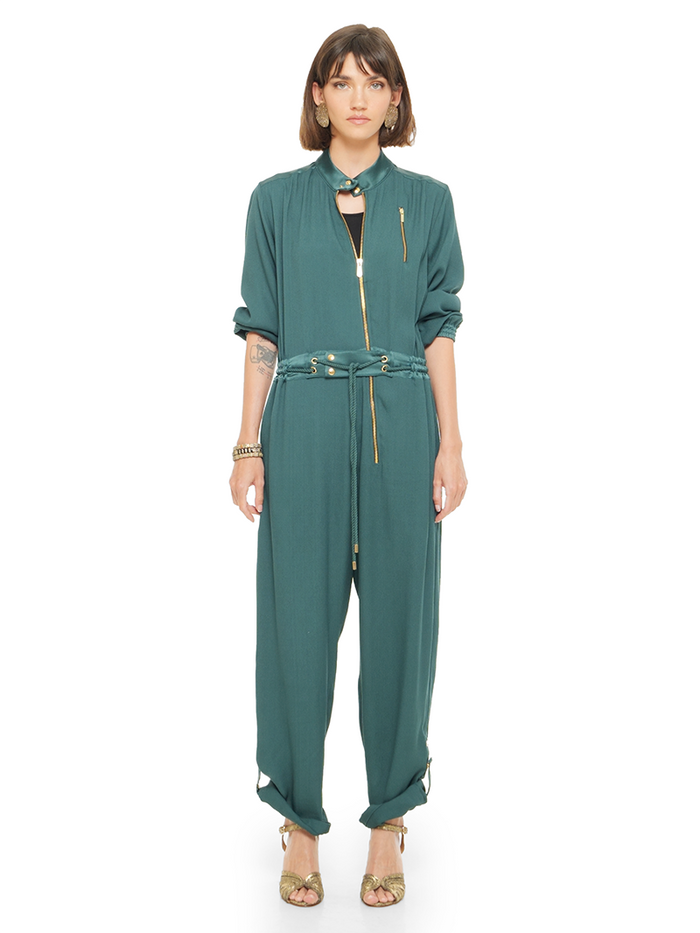 Berlin jumpsuit in pine green color styled with Margot heels, front view - worn by model