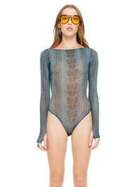 Boga bodysuit in snake blue print, front view - worn by model