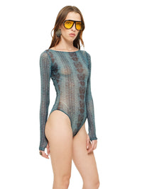 Boga bodysuit in snake blue print, quarter front view - worn by model