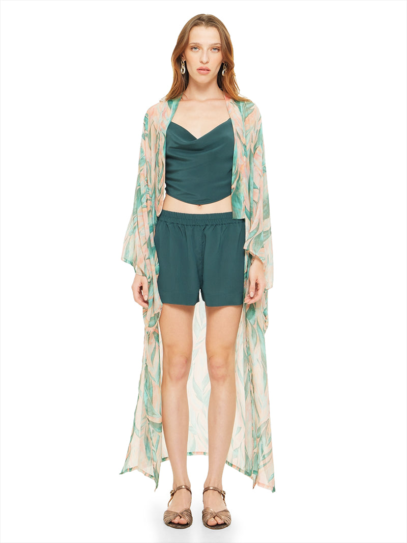 Caravan shorts in pine green styled with Maz top, Kyoto kimono and Margot flats, front view - worn by model