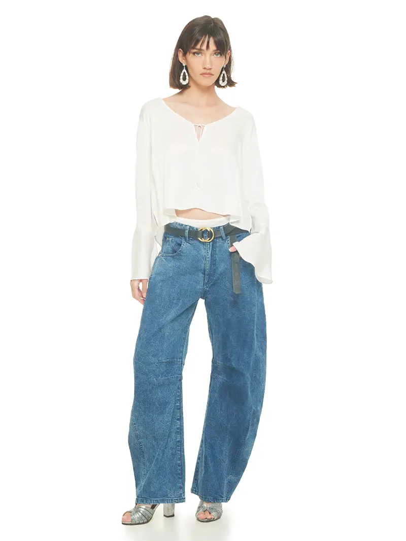 Catch jeans pants styled with Rama top and Margot heels, front view - worn by model