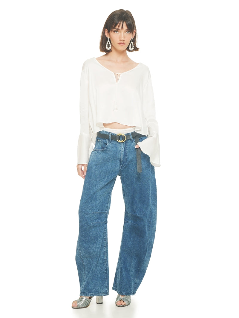 Catch jeans pants styled with Rama top and Margot heels, front view - worn by model